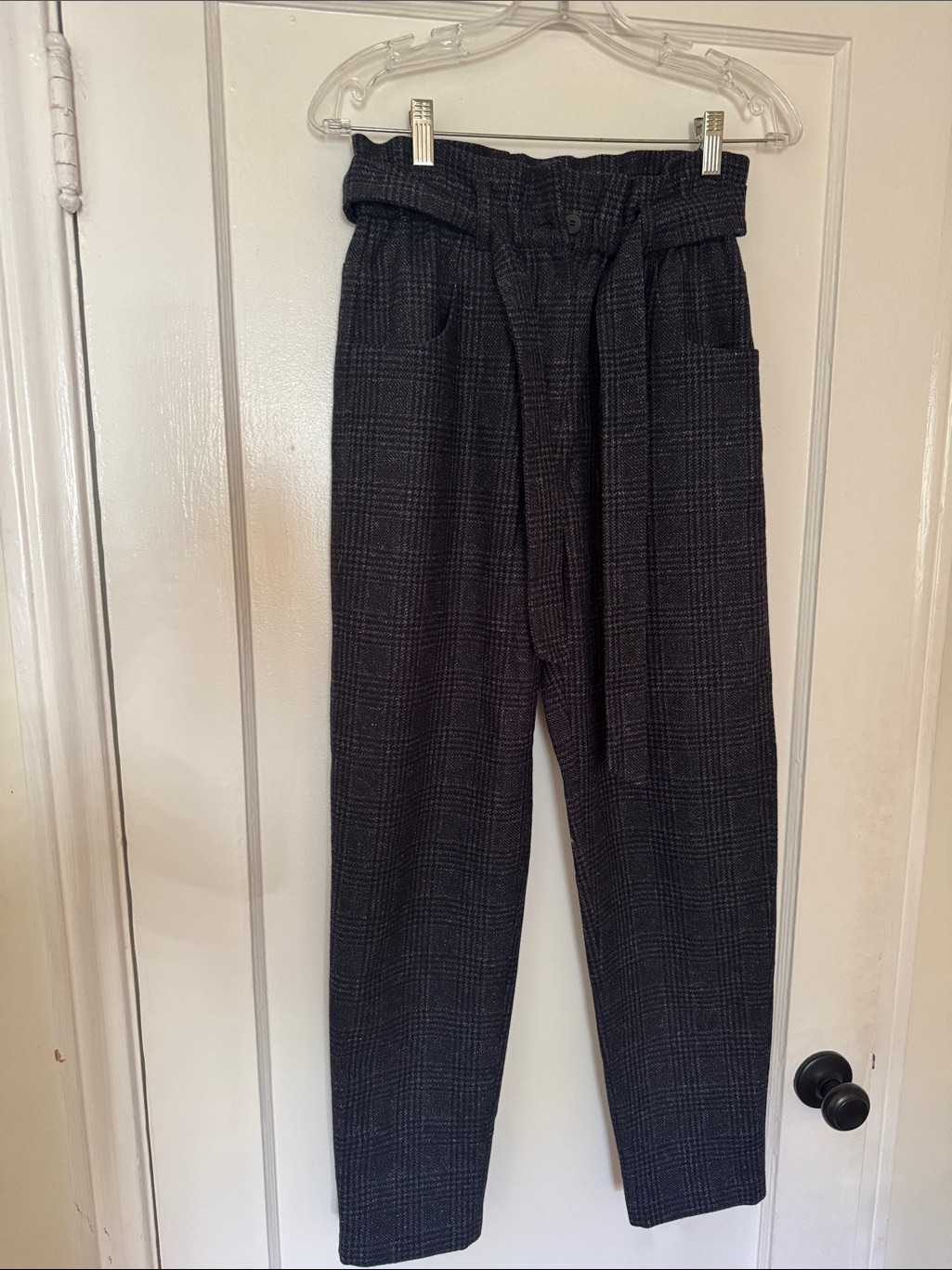 Maje Navy And Black Wool Houndstooth Plaid Trousers With Belted Waist